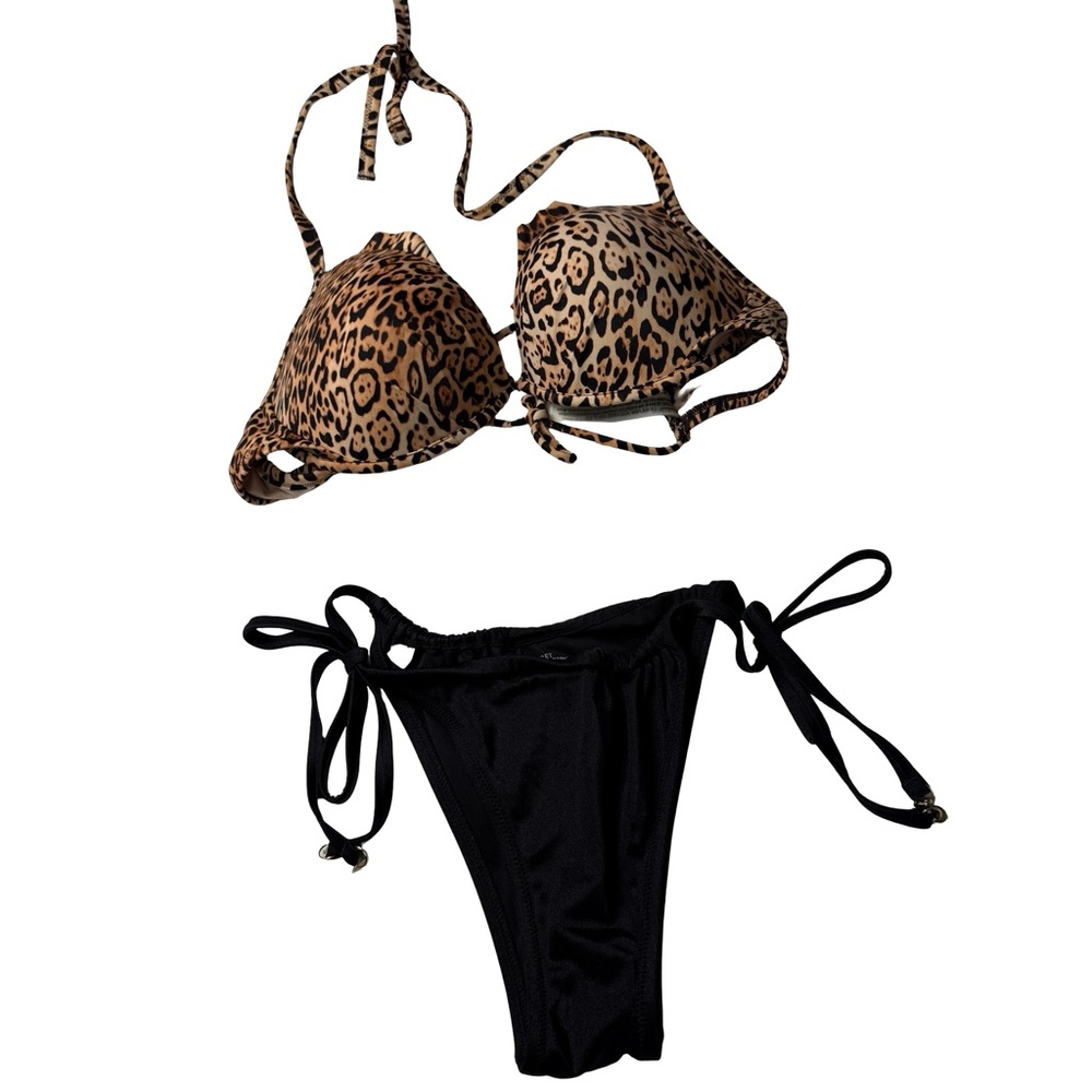 Victoria's Secret Cheetah Bikini Top 36D Black Bottom L Beach 2 Piece String Y2K